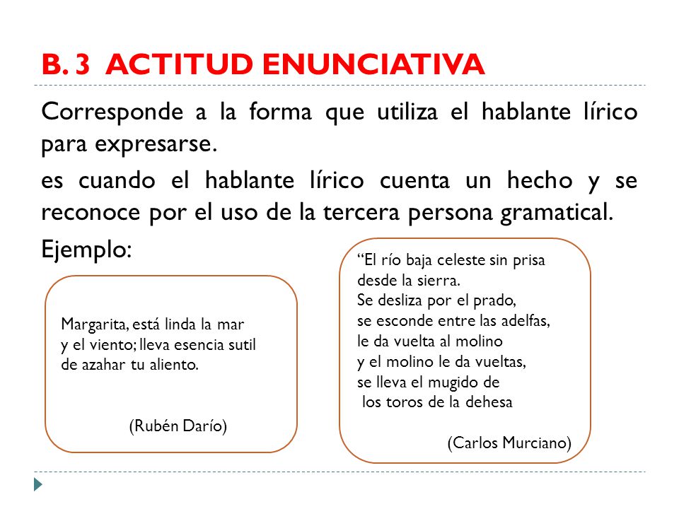 B. 3 ACTITUD ENUNCIATIVA Corresponde a la forma que utiliza el hablante lírico para expresarse.