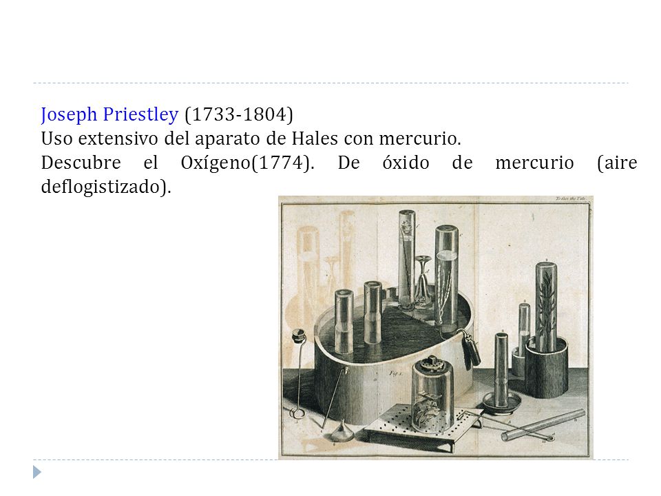 Joseph Priestley ( ) Uso extensivo del aparato de Hales con mercurio.