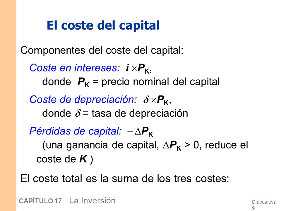 El coste del capital El coste total es la suma de los tres costes: