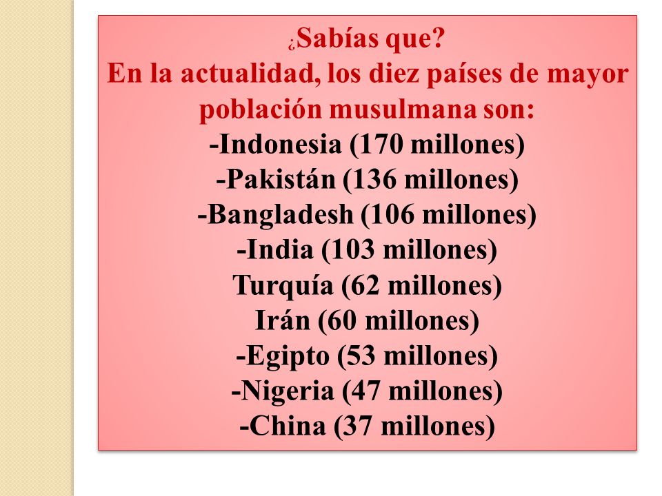 En la actualidad, los diez países de mayor población musulmana son: