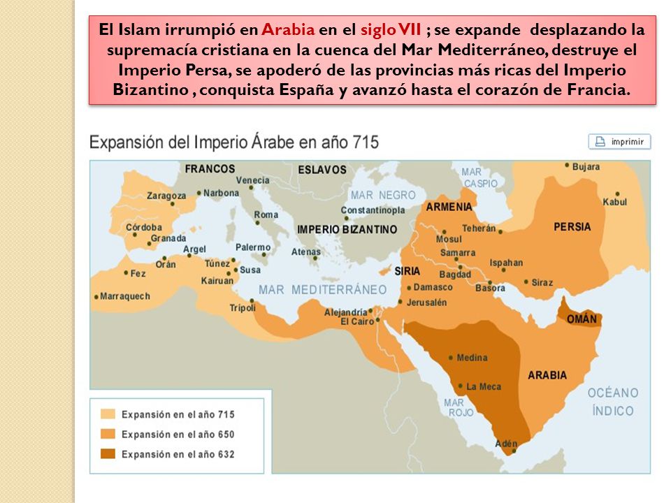 El Islam irrumpió en Arabia en el siglo VII ; se expande desplazando la supremacía cristiana en la cuenca del Mar Mediterráneo, destruye el Imperio Persa, se apoderó de las provincias más ricas del Imperio Bizantino , conquista España y avanzó hasta el corazón de Francia.