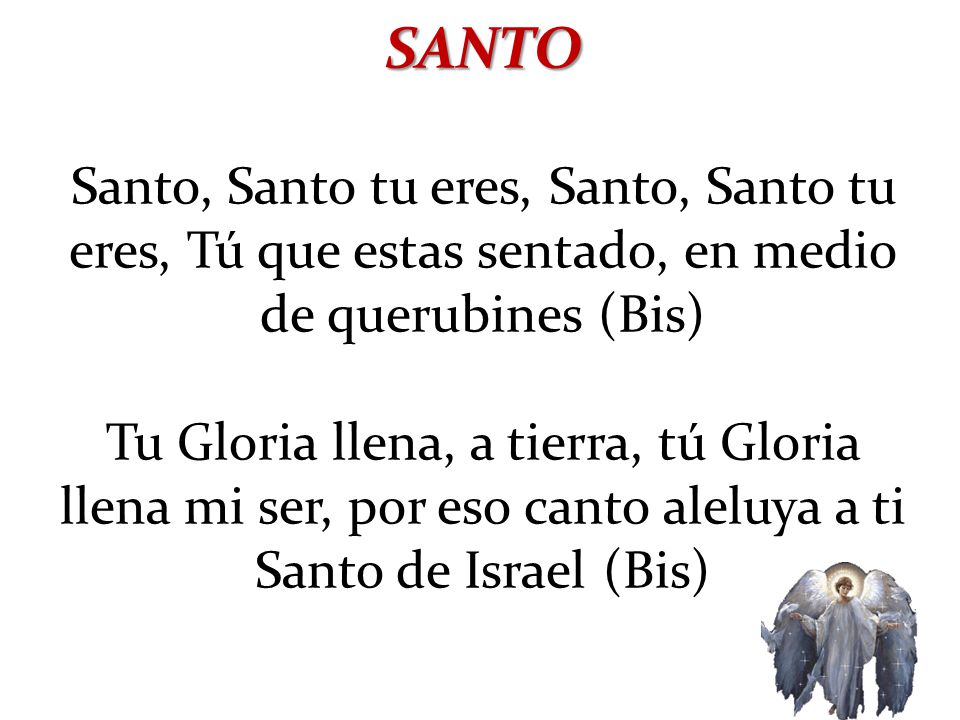 SANTO Santo, Santo tu eres, Santo, Santo tu eres, Tú que estas sentado, en medio de querubines (Bis)