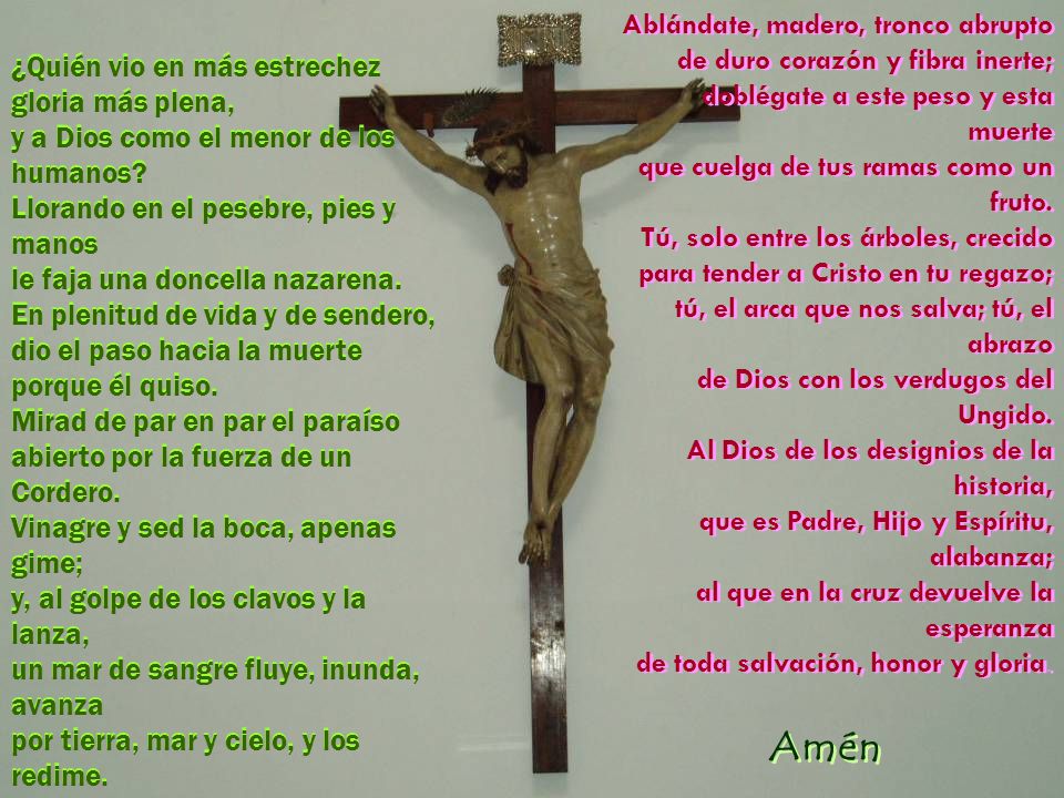 Ablándate, madero, tronco abrupto de duro corazón y fibra inerte; doblégate a este peso y esta muerte que cuelga de tus ramas como un fruto.