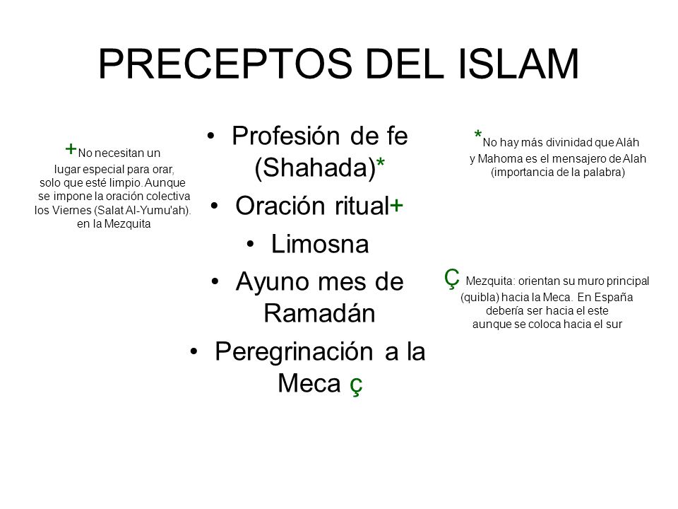 PRECEPTOS DEL ISLAM Profesión de fe (Shahada)* Oración ritual+ Limosna