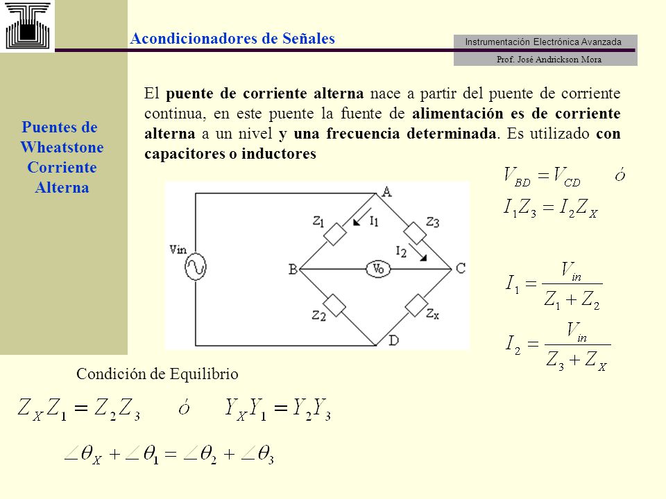 El puente de corriente alterna nace a partir del puente de corriente continua, en este puente la fuente de alimentación es de corriente alterna a un nivel y una frecuencia determinada. Es utilizado con capacitores o inductores