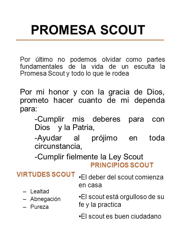 PROMESA SCOUT Por último no podemos olvidar como partes fundamentales de la vida de un esculta la Promesa Scout y todo lo que le rodea.