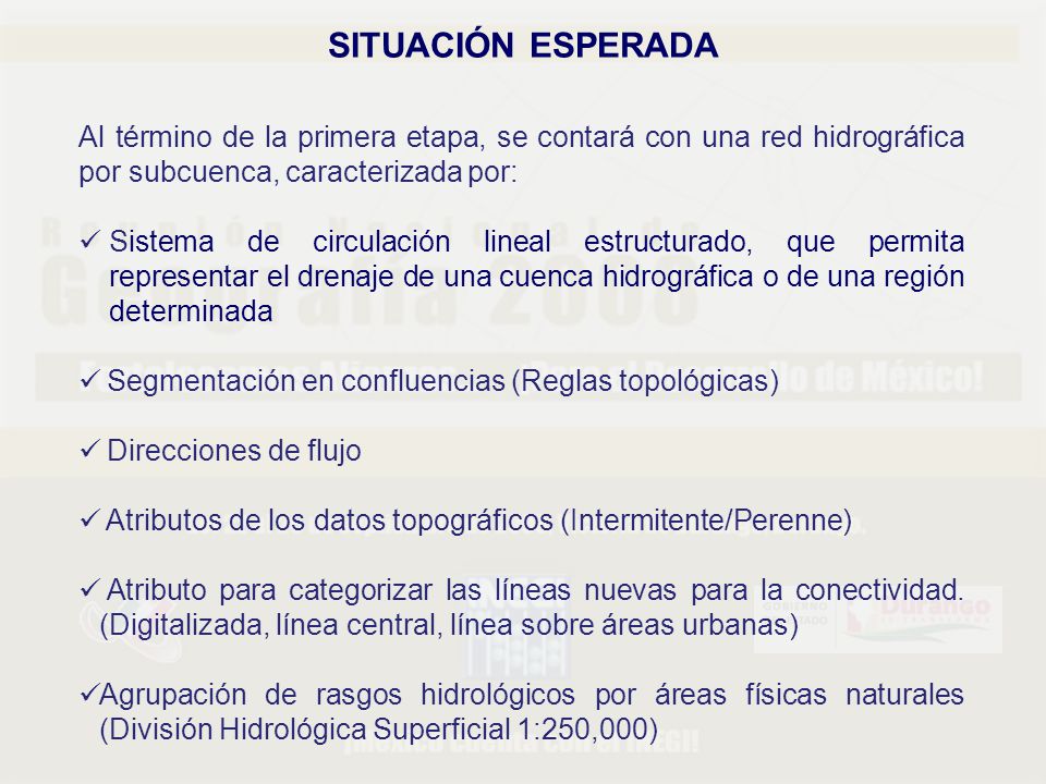 SITUACIÓN ESPERADA Al término de la primera etapa, se contará con una red hidrográfica por subcuenca, caracterizada por: