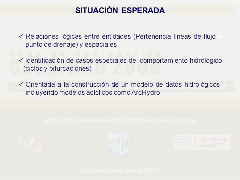 SITUACIÓN ESPERADA Relaciones lógicas entre entidades (Pertenencia líneas de flujo – punto de drenaje) y espaciales.