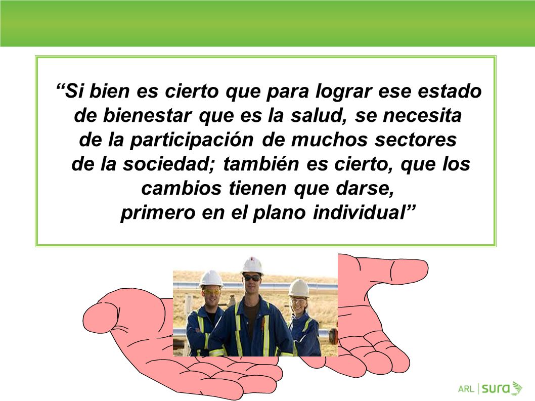 Si bien es cierto que para lograr ese estado de bienestar que es la salud, se necesita de la participación de muchos sectores de la sociedad; también es cierto, que los cambios tienen que darse, primero en el plano individual