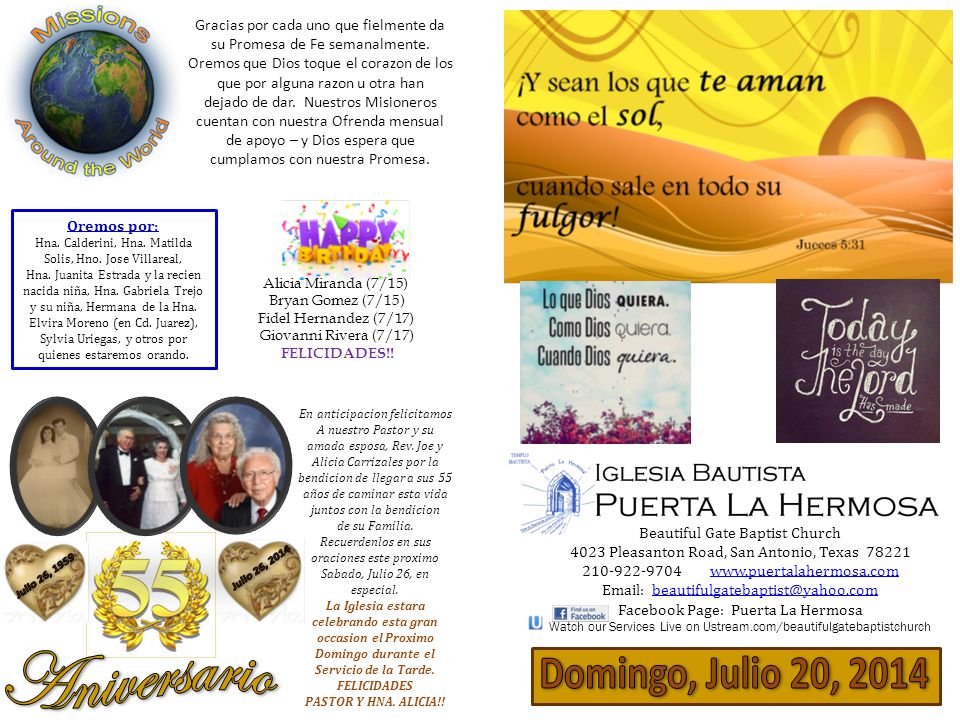 Julio 26, 2014 Julio 26, 1959 Aniversario Domingo, Julio 20, 2014