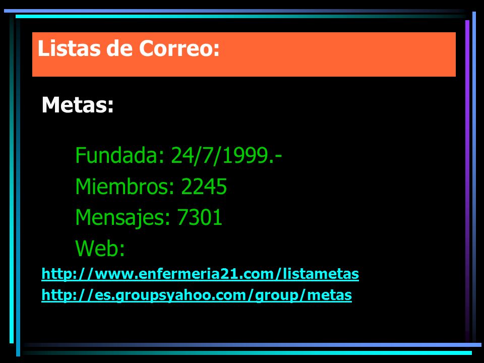 Listas de Correo: Metas: Fundada: 24/7/ Miembros: 2245