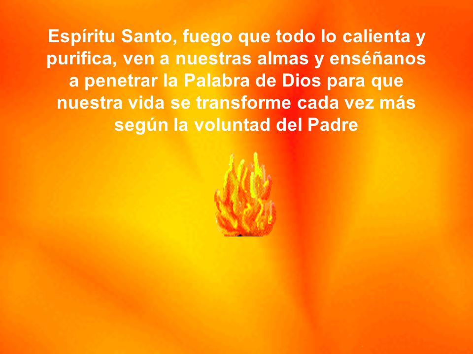 Espíritu Santo, fuego que todo lo calienta y purifica, ven a nuestras almas y enséñanos a penetrar la Palabra de Dios para que nuestra vida se transforme cada vez más según la voluntad del Padre