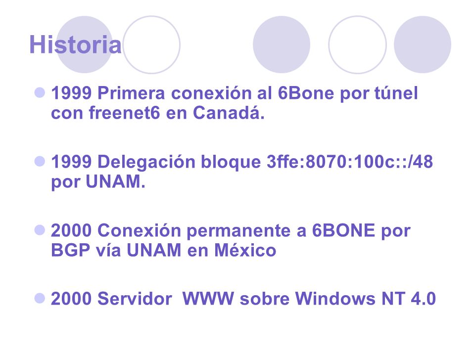 Historia 1999 Primera conexión al 6Bone por túnel con freenet6 en Canadá Delegación bloque 3ffe:8070:100c::/48 por UNAM.