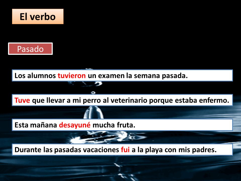 El verbo Pasado Los alumnos tuvieron un examen la semana pasada.