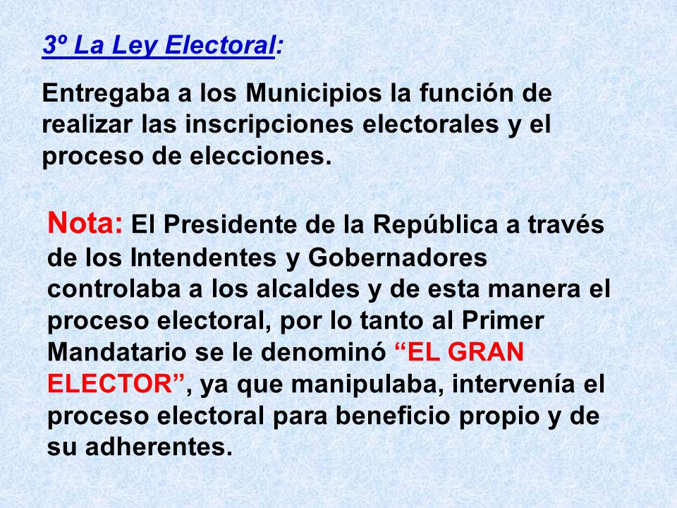 3º La Ley Electoral: Entregaba a los Municipios la función de realizar las inscripciones electorales y el proceso de elecciones.
