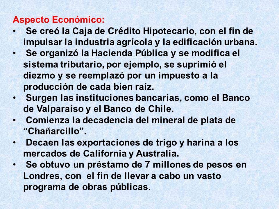 Aspecto Económico: Se creó la Caja de Crédito Hipotecario, con el fin de impulsar la industria agrícola y la edificación urbana.