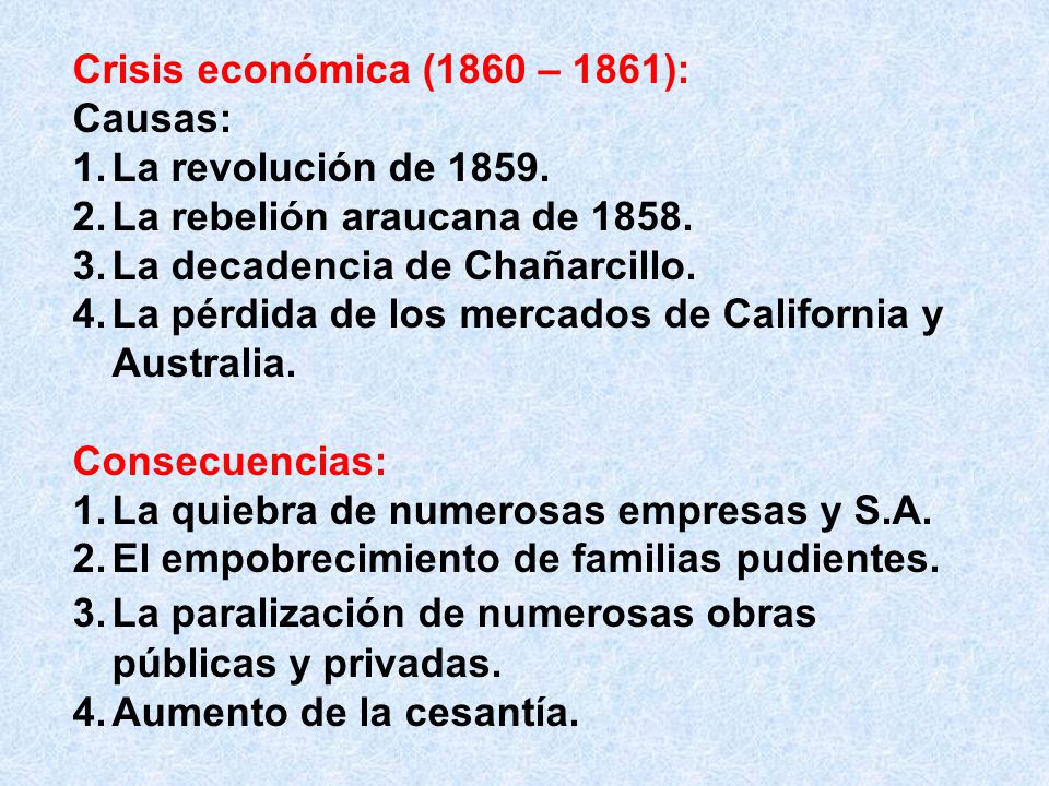 Crisis económica (1860 – 1861): Causas: La revolución de La rebelión araucana de La decadencia de Chañarcillo.