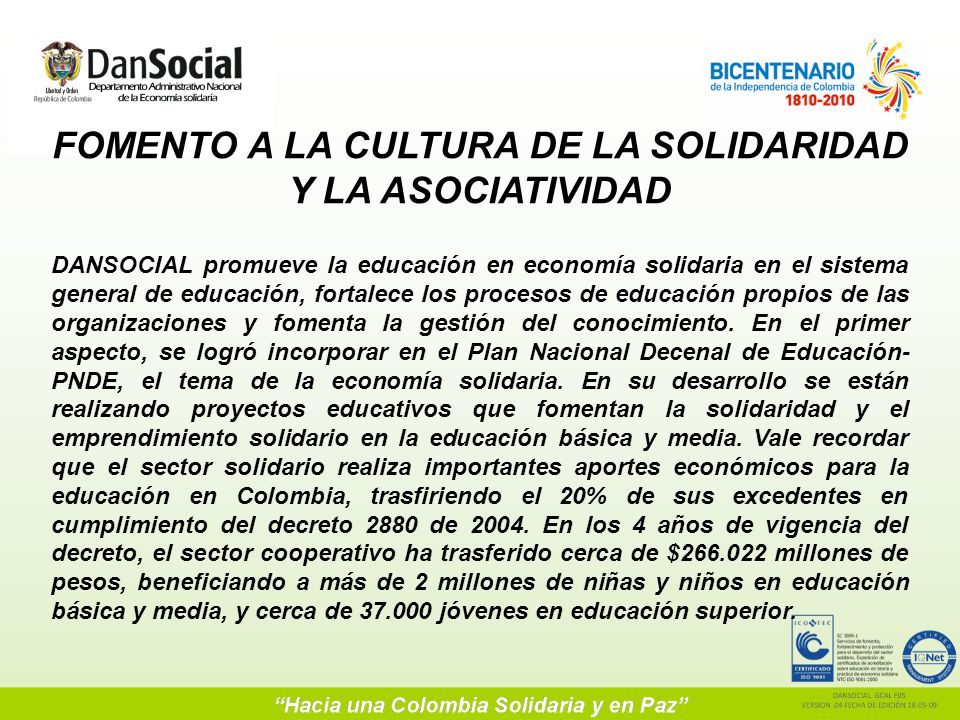 FOMENTO A LA CULTURA DE LA SOLIDARIDAD Y LA ASOCIATIVIDAD