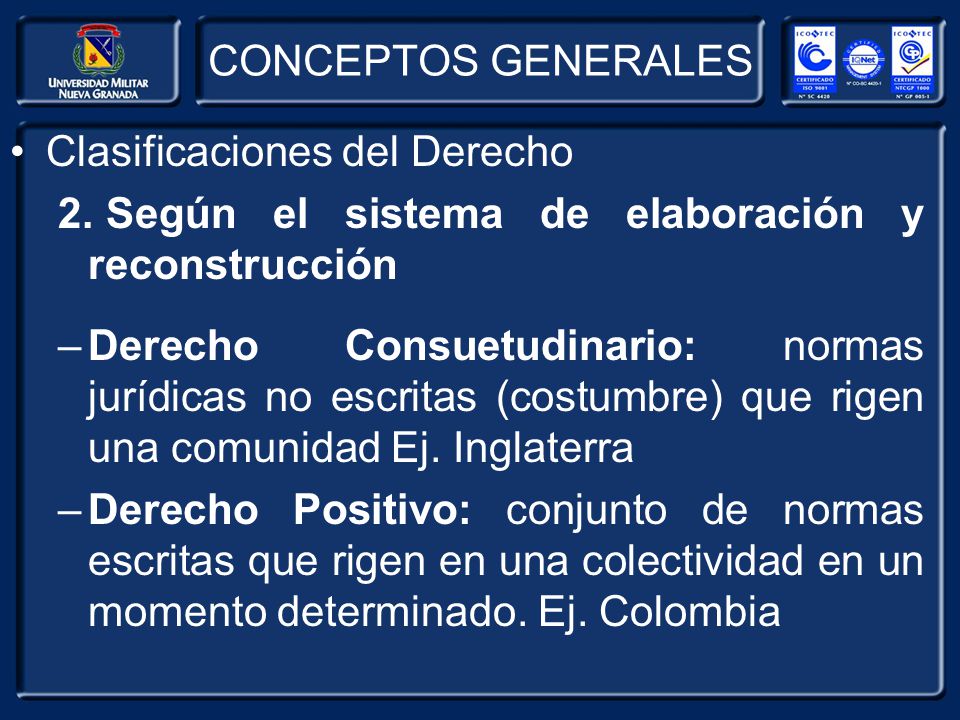 CONCEPTOS GENERALES Clasificaciones del Derecho. 2. Según el sistema de elaboración y reconstrucción.
