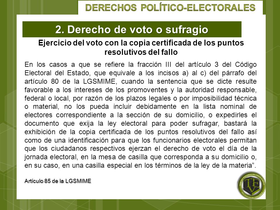 Derechos Político-Electorales 2. Derecho de voto o sufragio