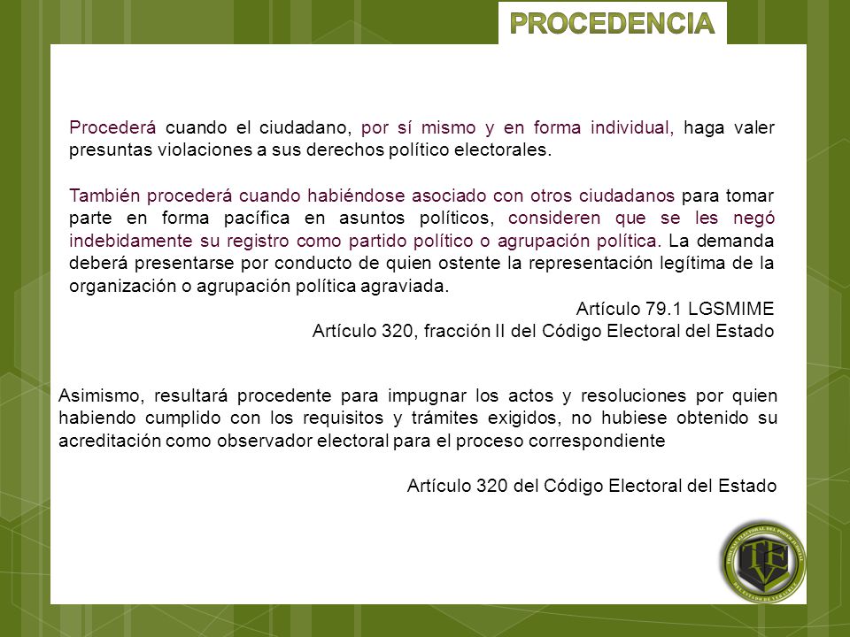 Procedencia Procederá cuando el ciudadano, por sí mismo y en forma individual, haga valer presuntas violaciones a sus derechos político electorales.