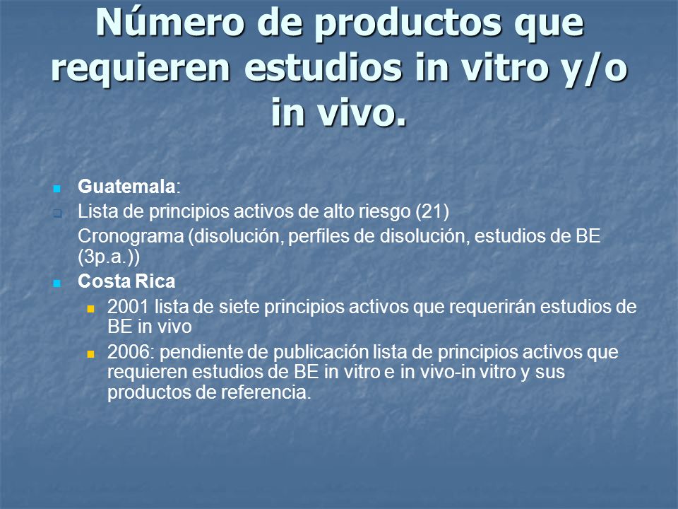 Número de productos que requieren estudios in vitro y/o in vivo.