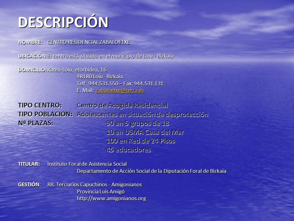 DESCRIPCIÓN TIPO CENTRO: Centro de Acogida Residencial