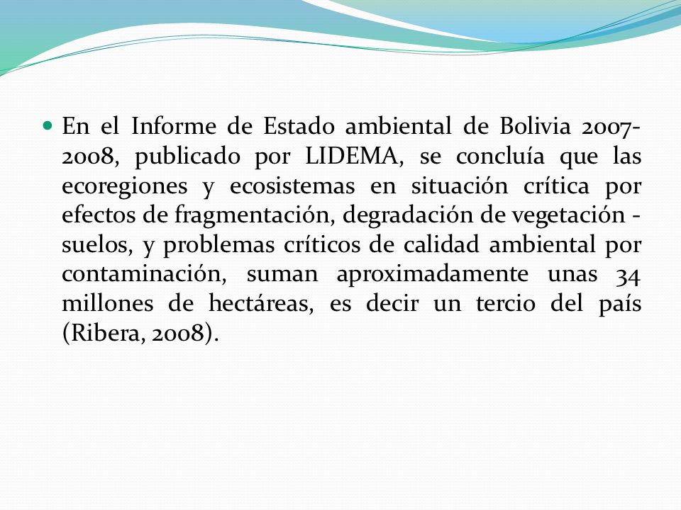 En el Informe de Estado ambiental de Bolivia , publicado por LIDEMA, se concluía que las ecoregiones y ecosistemas en situación crítica por efectos de fragmentación, degradación de vegetación - suelos, y problemas críticos de calidad ambiental por contaminación, suman aproximadamente unas 34 millones de hectáreas, es decir un tercio del país (Ribera, 2008).