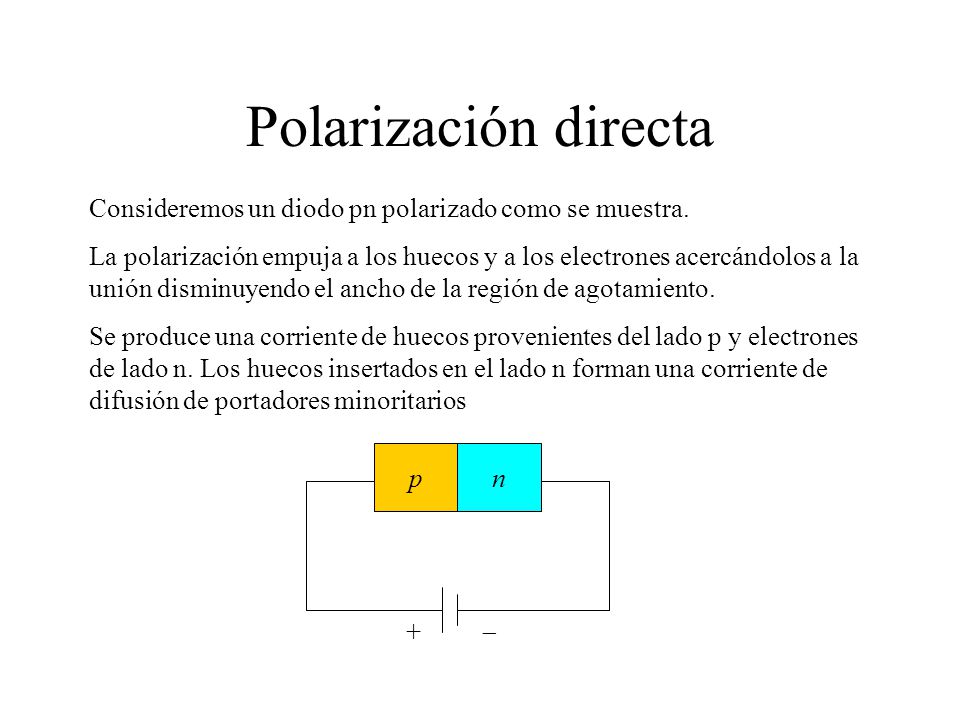 Polarización directa Consideremos un diodo pn polarizado como se muestra.