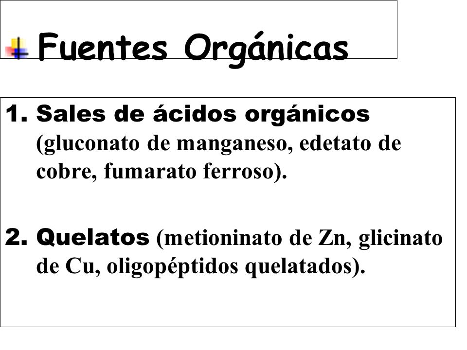 Fuentes Orgánicas Sales de ácidos orgánicos (gluconato de manganeso, edetato de cobre, fumarato ferroso).