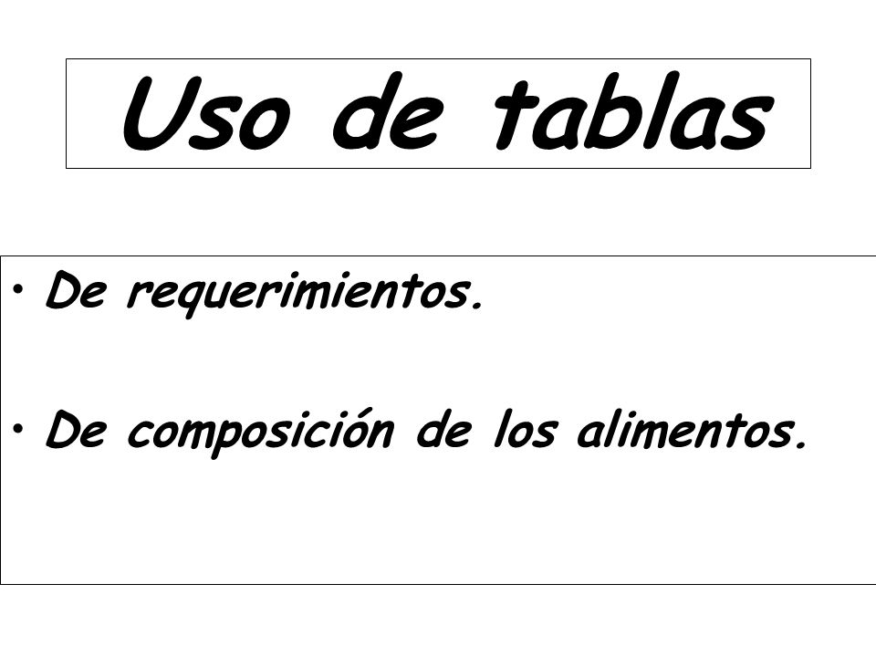 Uso de tablas De requerimientos. De composición de los alimentos.