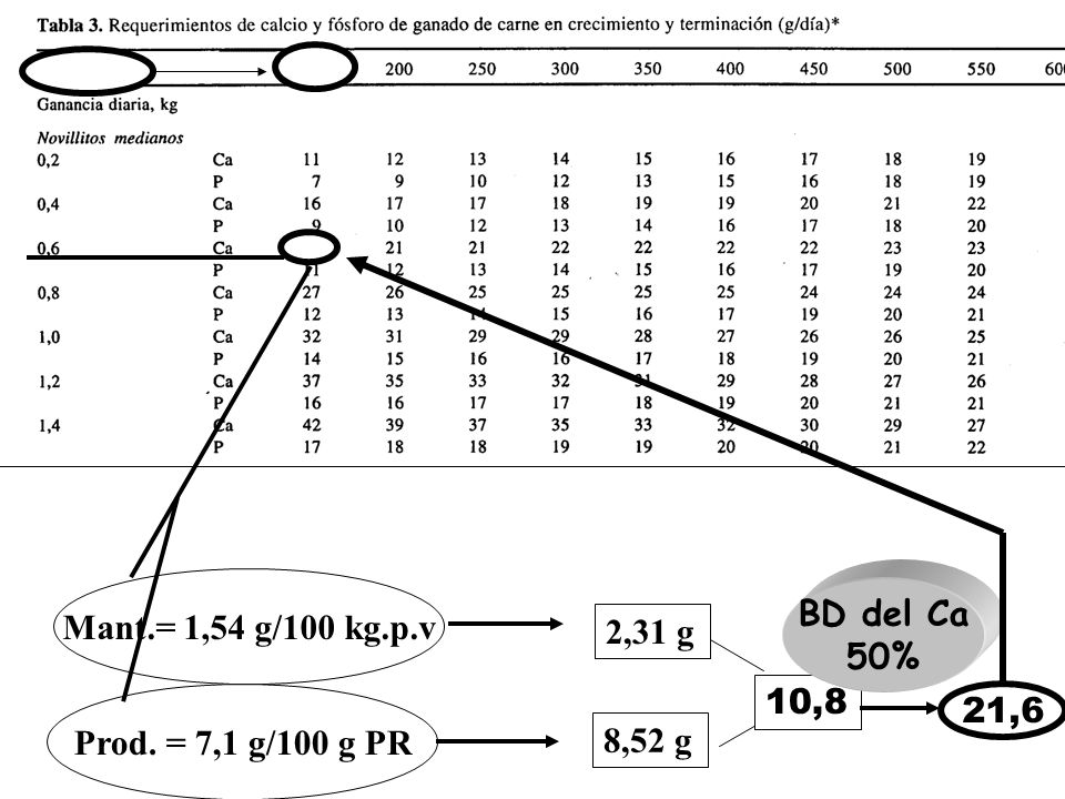 Mant.= 1,54 g/100 kg.p.v 2,31 g Prod. = 7,1 g/100 g PR 8,52 g BD del Ca 50% 10,8 21,6