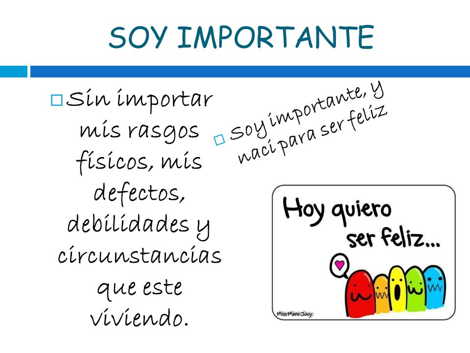 SOY IMPORTANTE Sin importar mis rasgos físicos, mis defectos, debilidades y circunstancias que este viviendo.