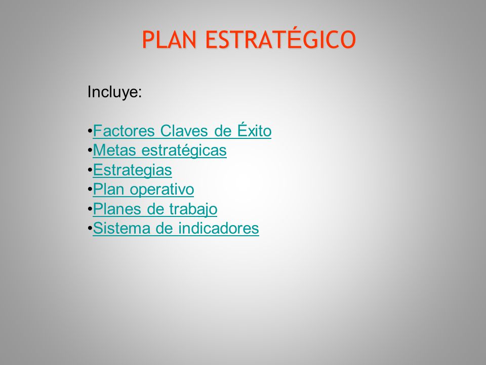 PLAN ESTRATÉGICO Incluye: Factores Claves de Éxito Metas estratégicas