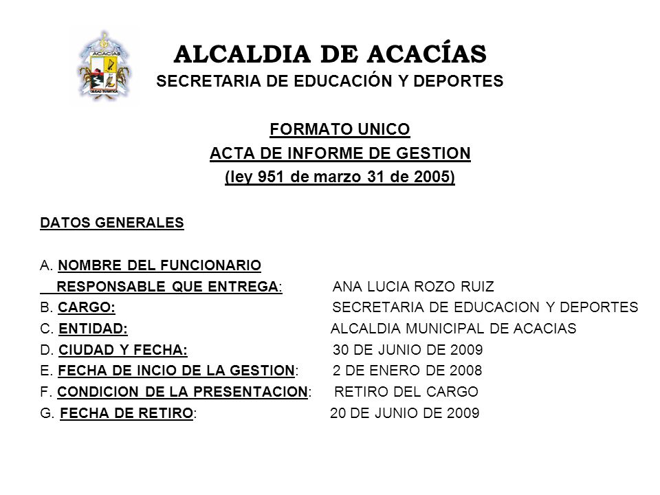 SECRETARIA DE EDUCACIÓN Y DEPORTES ACTA DE INFORME DE GESTION