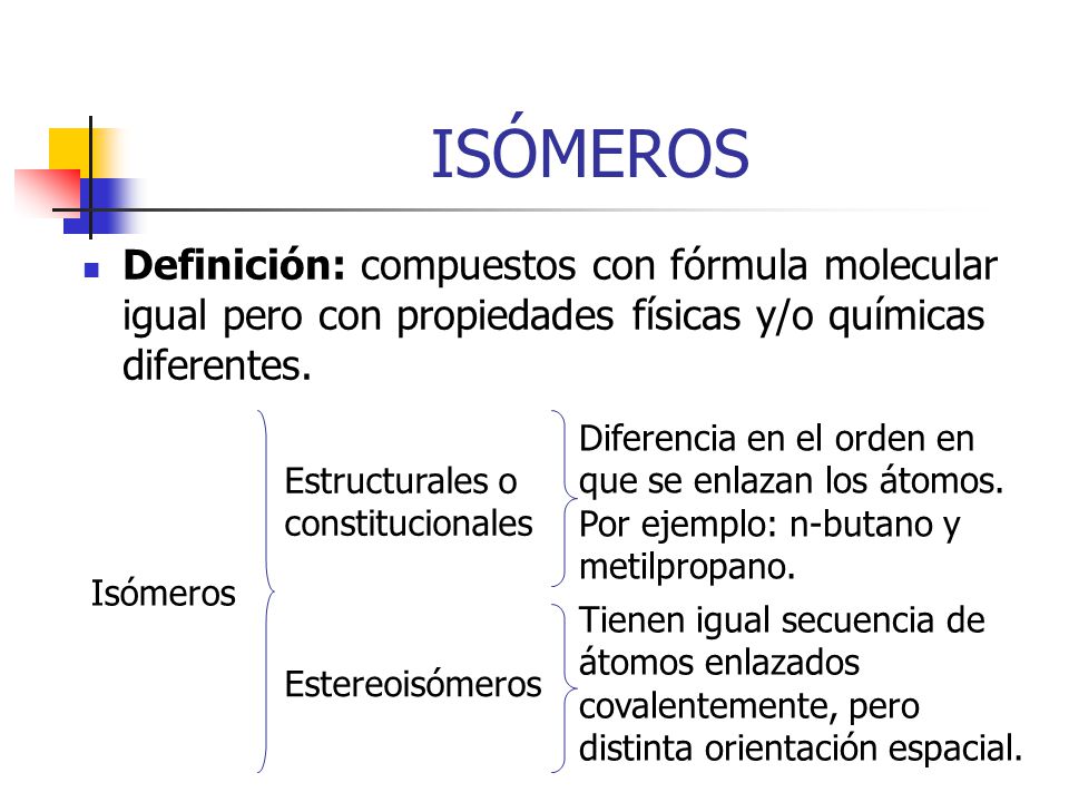 ISÓMEROS Definición: compuestos con fórmula molecular igual pero con propiedades físicas y/o químicas diferentes.