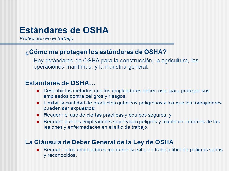 Estándares de OSHA Protección en el trabajo