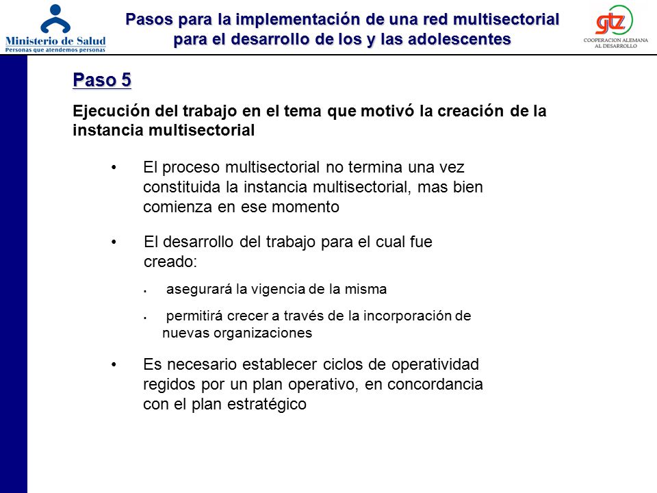 Pasos para la implementación de una red multisectorial para el desarrollo de los y las adolescentes