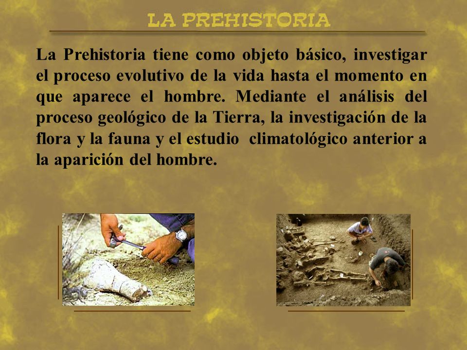 La Prehistoria tiene como objeto básico, investigar el proceso evolutivo de la vida hasta el momento en que aparece el hombre.