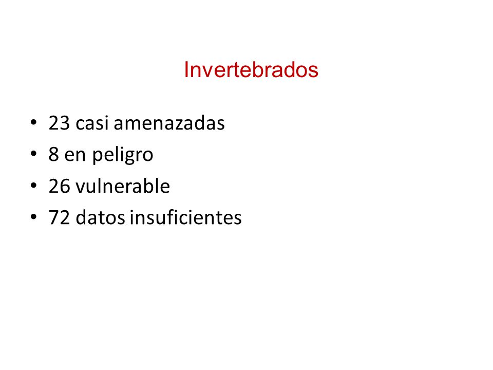 Invertebrados 23 casi amenazadas 8 en peligro 26 vulnerable 72 datos insuficientes