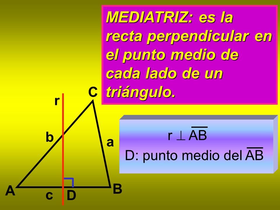 MEDIATRIZ: es la recta perpendicular en el punto medio de cada lado de un triángulo.