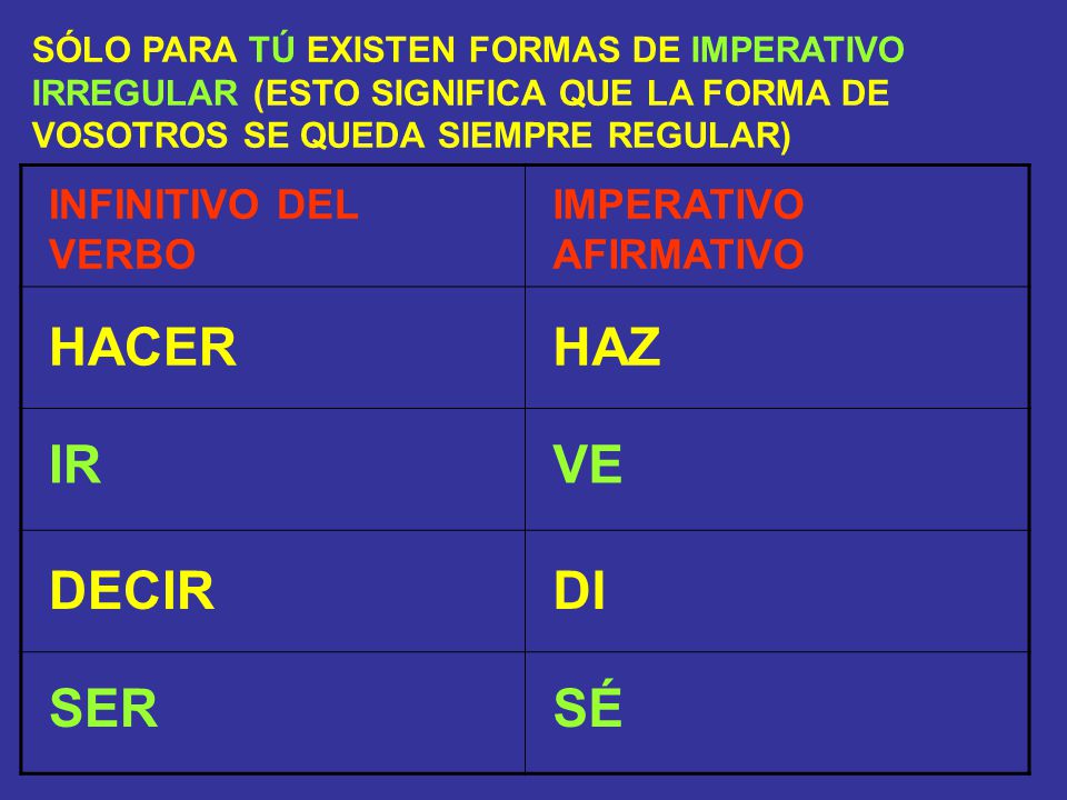HACER HAZ IR VE DECIR DI SER SÉ INFINITIVO DEL VERBO