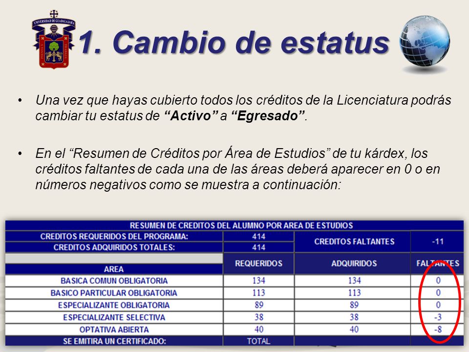 1. Cambio de estatus Una vez que hayas cubierto todos los créditos de la Licenciatura podrás cambiar tu estatus de Activo a Egresado .