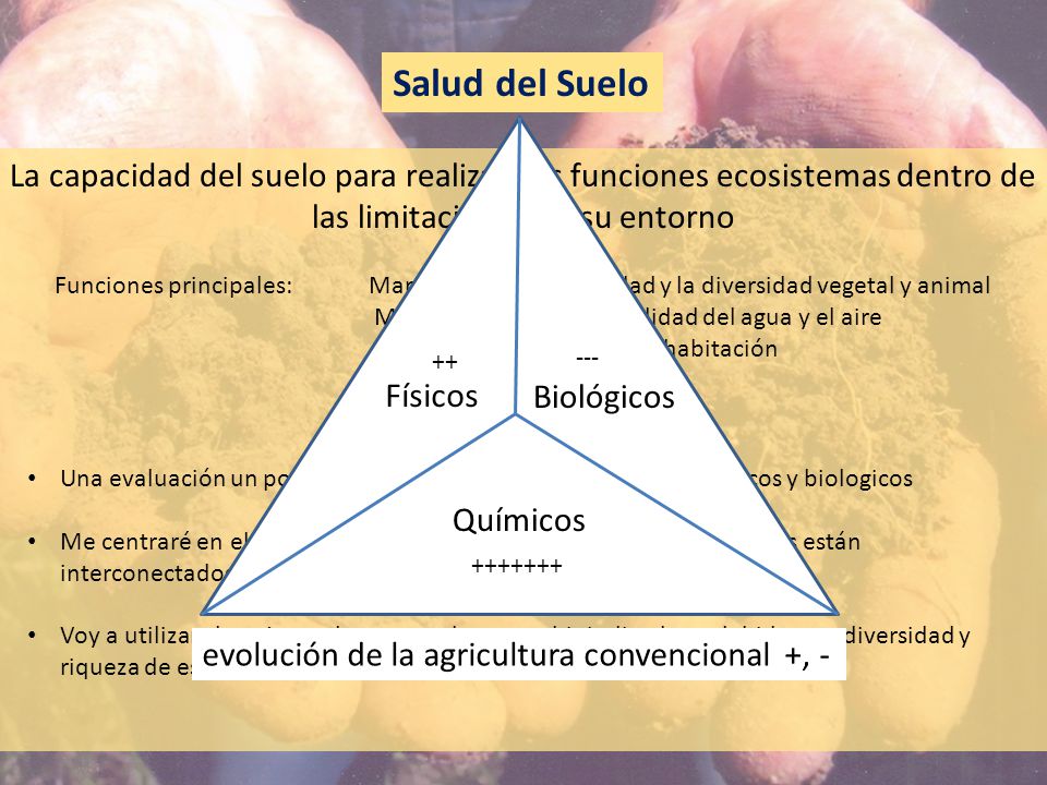 Salud del Suelo evolución de la agricultura convencional +, - Physical. Físicos. Biológicos. Químicos.