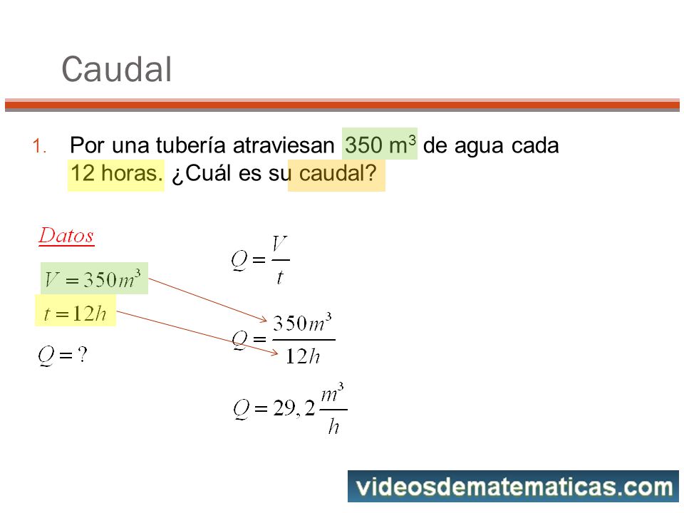Caudal Por una tubería atraviesan 350 m3 de agua cada 12 horas. ¿Cuál es su caudal