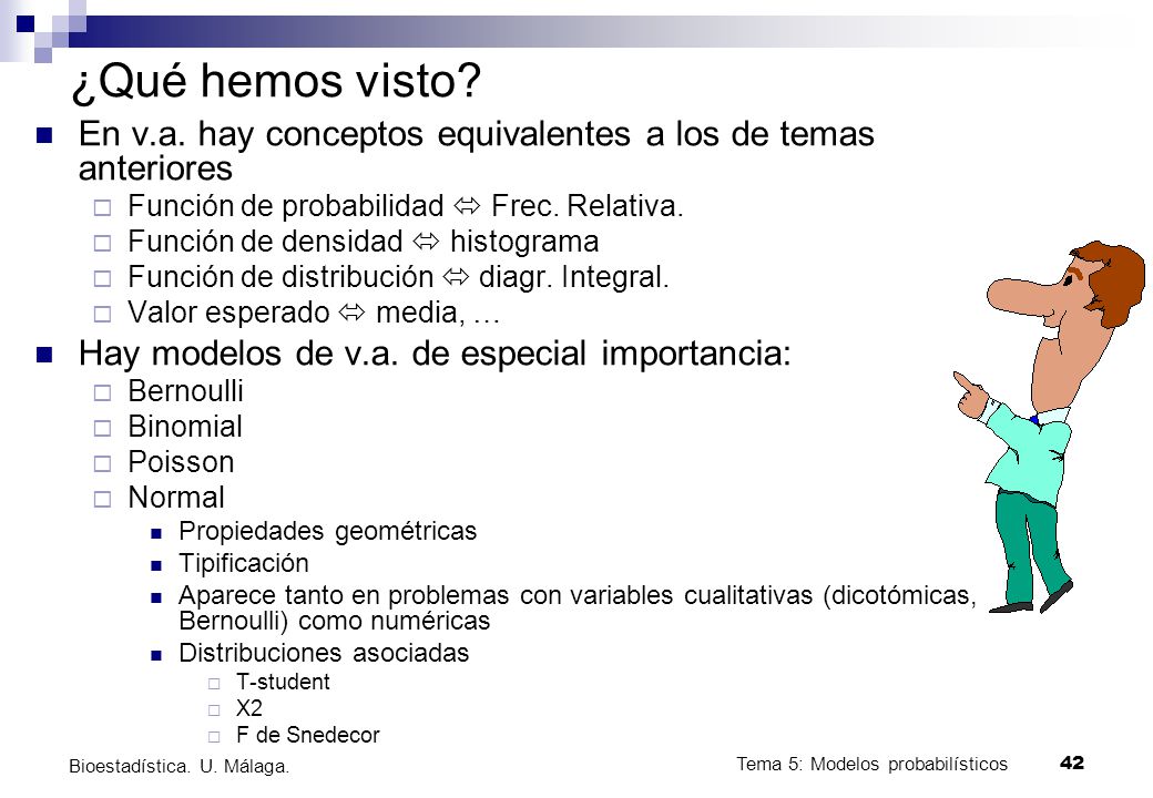 ¿Qué hemos visto En v.a. hay conceptos equivalentes a los de temas anteriores. Función de probabilidad  Frec. Relativa.