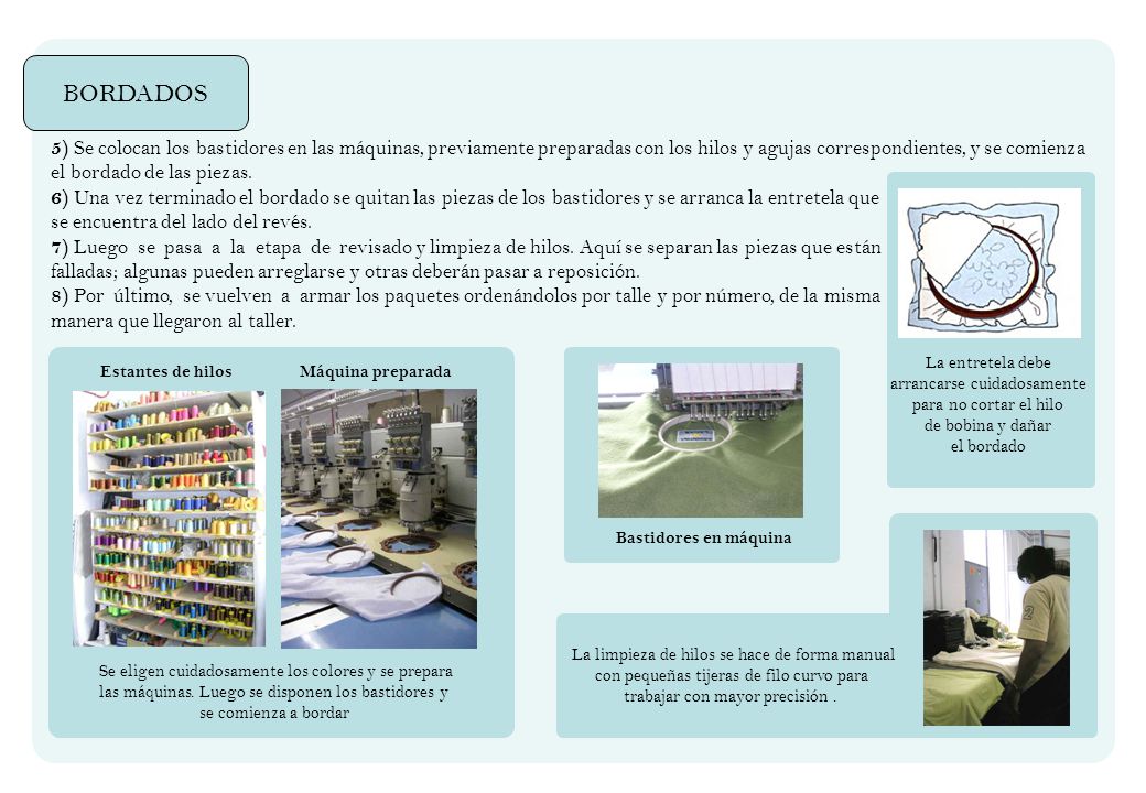 BORDADOS 5) Se colocan los bastidores en las máquinas, previamente preparadas con los hilos y agujas correspondientes, y se comienza.
