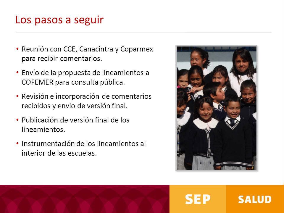 Los pasos a seguir Reunión con CCE, Canacintra y Coparmex para recibir comentarios.