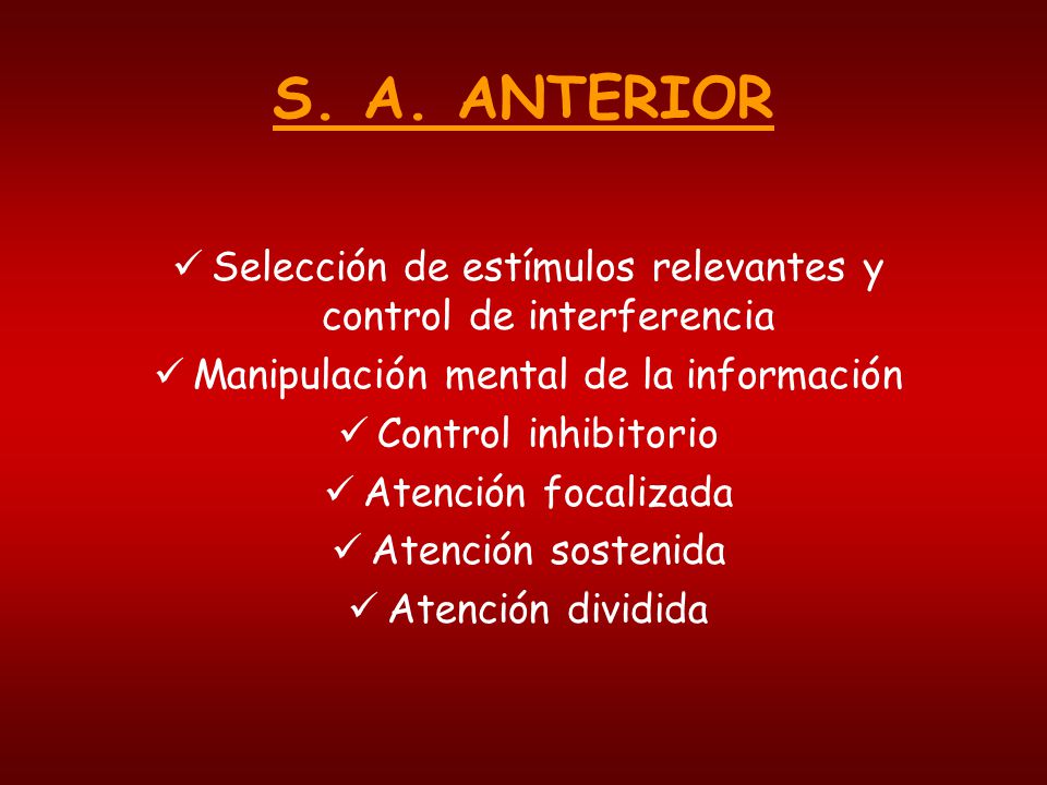 S. A. ANTERIOR Selección de estímulos relevantes y control de interferencia. Manipulación mental de la información.