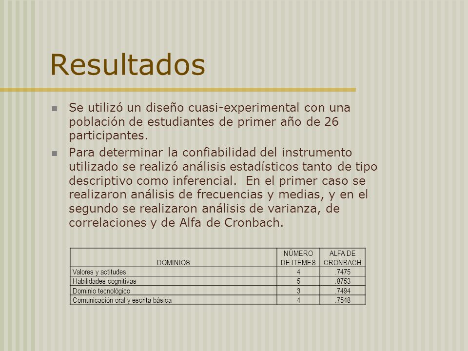 Resultados Se utilizó un diseño cuasi-experimental con una población de estudiantes de primer año de 26 participantes.